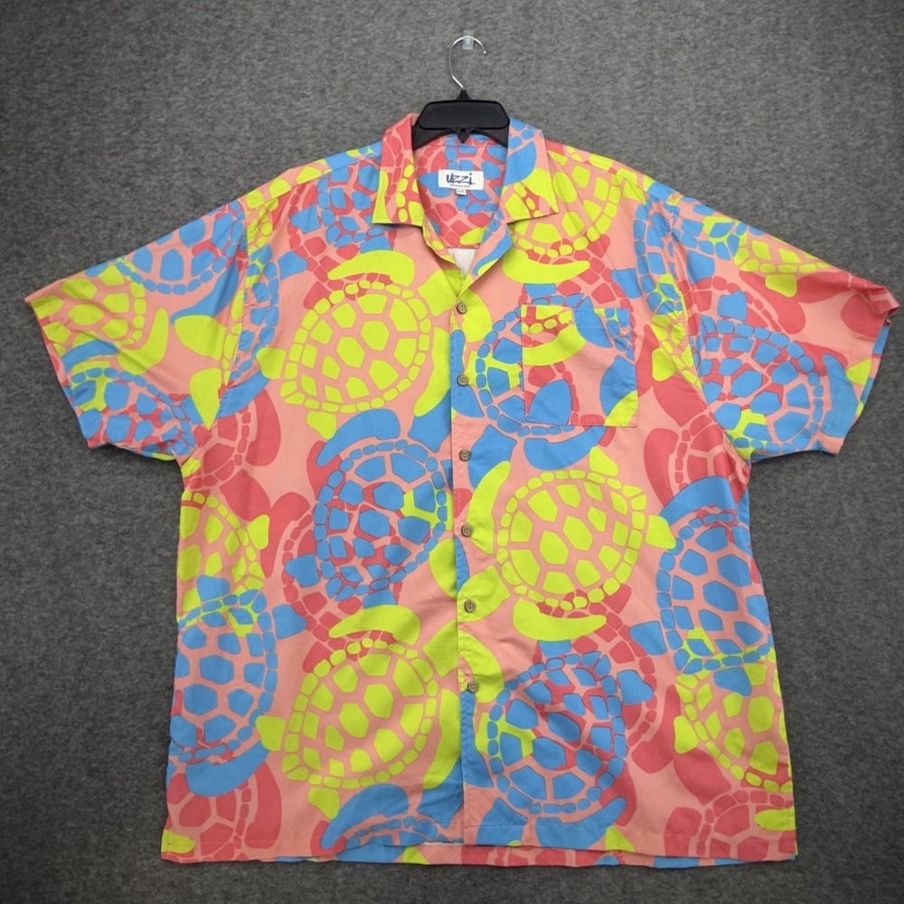 Uzzi Shirt Mens XXL Pink Blue Polyester Y2K Turtle Print Camp HP92 Short Sleeve